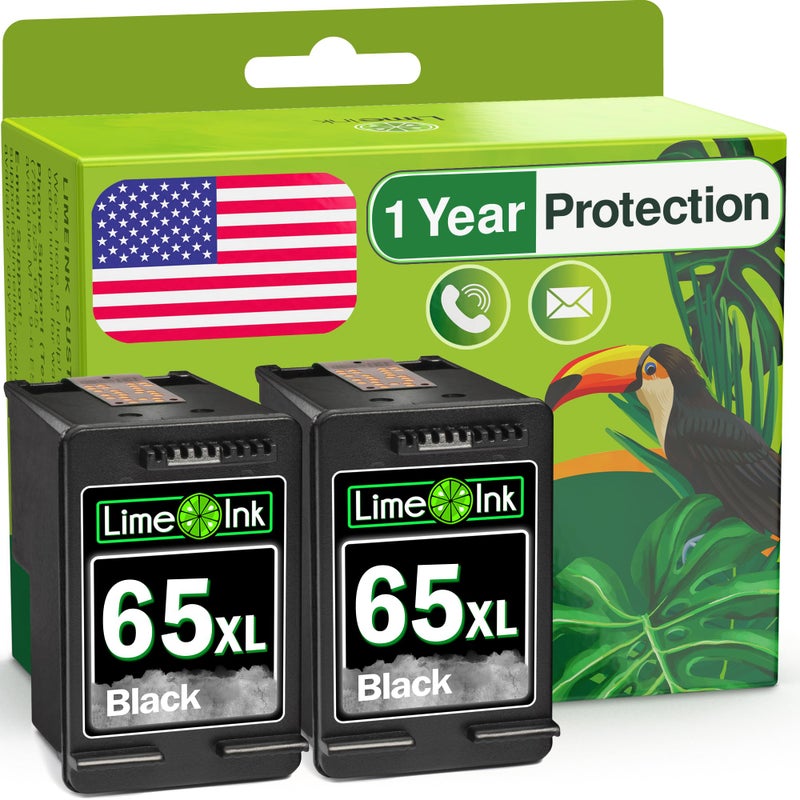 Limeink 2 Remanufactured Ink Cartridge Replacement for 65XL 65 XL High Yield for HP DeskJet 2600 2622 2652 2655 3700 3720 3722 3752 3755 Envy 5000 5052 5055 Printer AMP 100 Combo Pack (2 Black) - Image 1